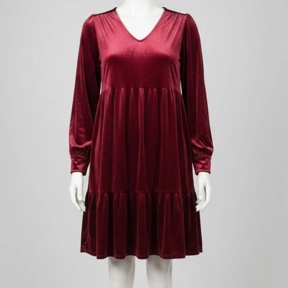 NWT Studio One New York Burgundy Velvet Tiered Ruffle LongSleeve V Neck Dress 1X